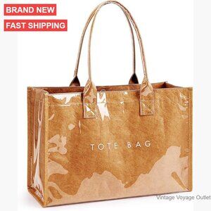 Large PVC Kraft Paper Tote Bag with Top Handle, Waterproof Work Handbag